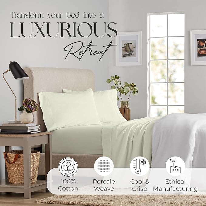SUPREME ELEGANCE Twin Sheets Set – Natural 100% Cotton Percale Twin Bed Sheets, Oeko-tex Made in Green Sustainable, Cooling Crisp Bedding with Deep Pockets, Soft Breathable Hotel Quality, Light Ivory