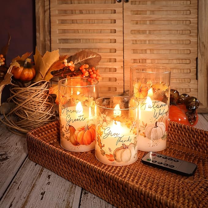 Glass Flameless Candles Flickering Battery Operated with Remote Pumpkin Theme Farm House Realistic Pillar Candle for Fall Decor Havest Celebration Home Party, Set of 3