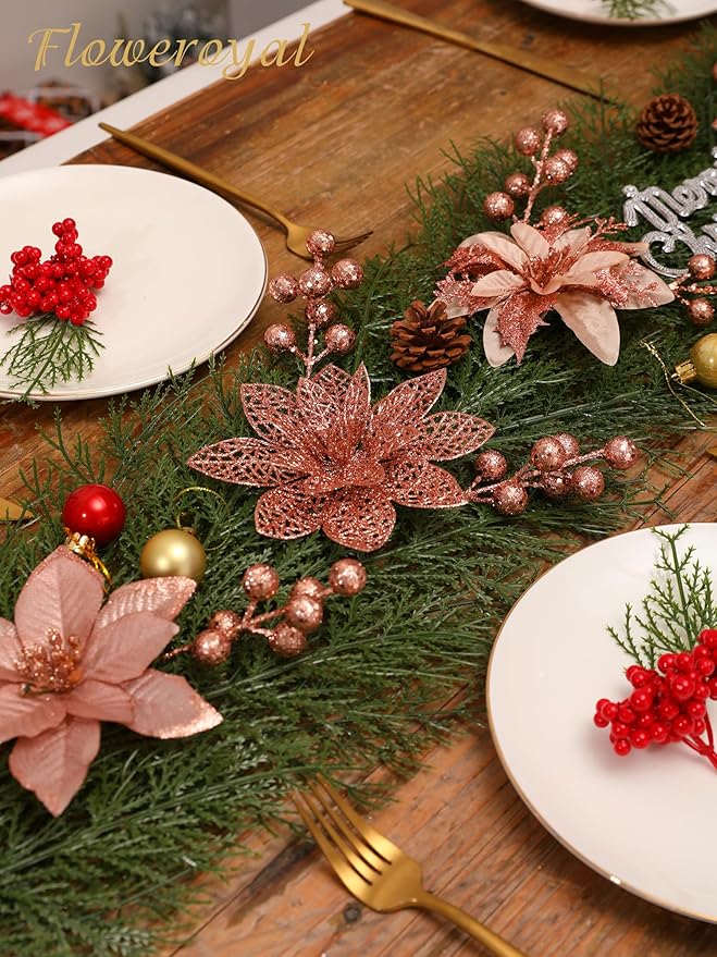 Floweroyal 30pcs Poinsettia Artificial Christmas Flowers Decorations with Clips and Berry Stems Glitter Ornaments for Christmas Tree Wreath Fireplace Stairs Decor (Rose Gold-3 Styles)