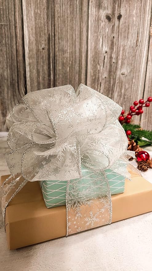 CT CRAFT LLC Organza with Silver Glitter Snowflakes Wired Ribbon 2.5 inch x 50 Yards for Christmas Home Decor Tree Topper Bow Gift Wrapping DIY Crafts Wreath Garland Wedding