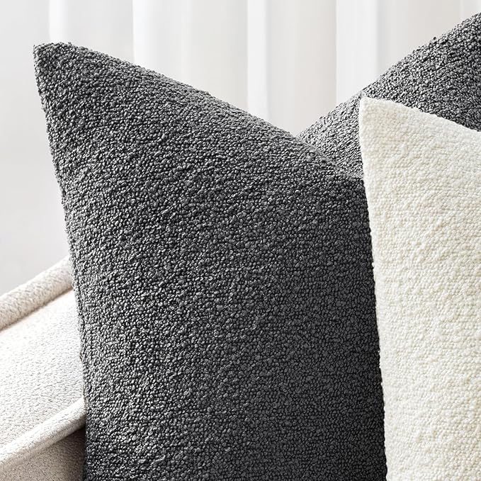 Woaboy Pack of 2 18x18 Inch Decorative Boucle Throw Pillow Covers Textured Square Pillowcaes Accent Solid Cozy Soft Cushion Covers Home Decor for Sofa Couch Living Room Home Decor,Dark Gray