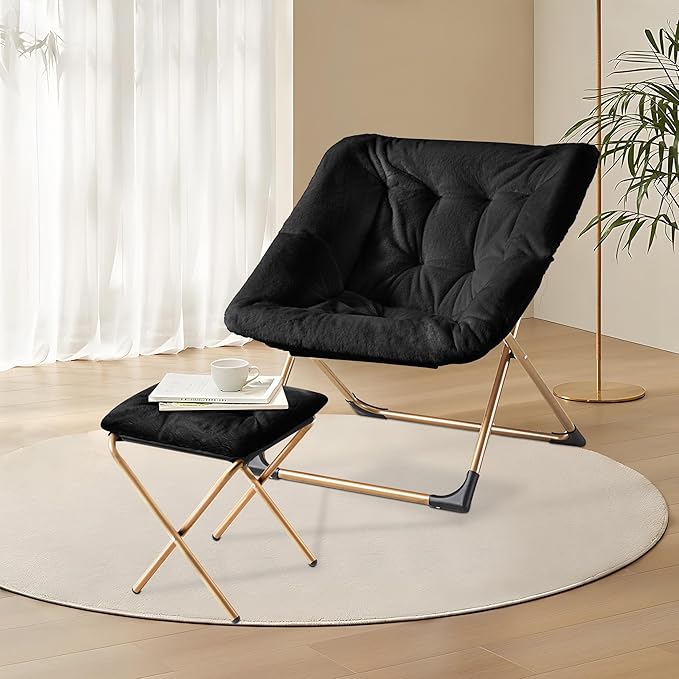 Comfy Oversized Saucer Chair with Ottoman,Soft Faux Fur Reading Lounge Chair for Adults,Stable X-Large Metal Frame and Non-Slip Pad,Cozy Chair for Bedroom, Living Room, Dorm, Office, Black