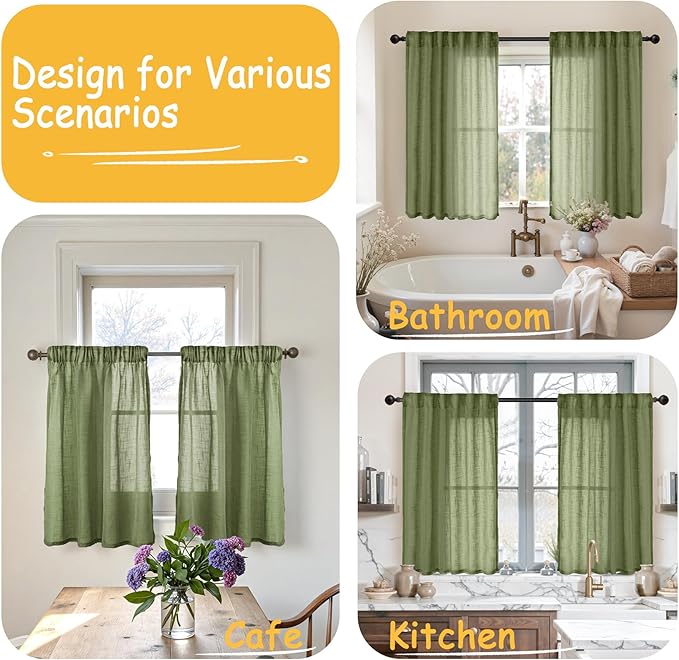 YoungsTex Olive Green Linen Cafe Curtains 36 Inch Length 2 Panels - Small Light Filtering Drapes Half Window Semi Sheer with Rod Pocket Back Tab for Kitchen Window Over Sink, 34 X 36 Inch