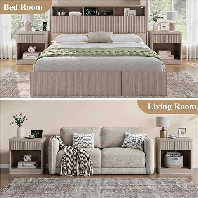 Fluted Nightstand Set of 2 with Charging Station, 23.6" Wood End Table with Solid Wood Handle, Curved Profile Design, Mid Century Moden Bedside Table for Bedroom, Natural Oak