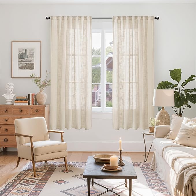 YoungsTex Oatmeal Linen Semi Sheer Curtains 63 Inch Length 2 Panels, Light Filtering Drapes Natural Textured with Rod Pocket Back Tab for Living Room Bedroom Window, 42 X 63 Inch