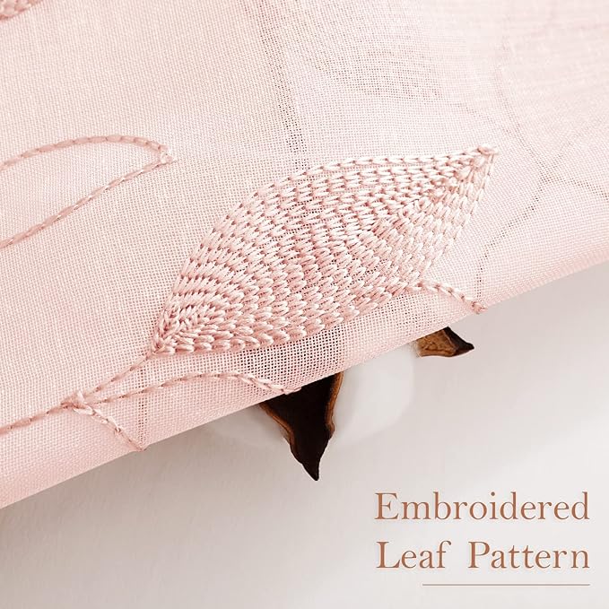 HOMEIDEAS Blush Pink Sheer Curtains 52 X 63 Inches Length 2 Panels Embroidered Leaf Pattern Pocket Faux Linen Floral Semi Sheer Voile Window Drapes for Bedroom Living Room