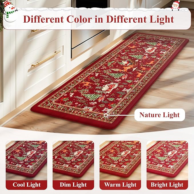 Christmas Kitchen Mats Anti Fatigue - Reindeer Sleigh Farmhouse Cushioned Kitchen Floor Mat, Non Slip Kitchen Rugs Sets of 2, Christmas Decorations Sink Mats for Home Holiday Decor(Red)