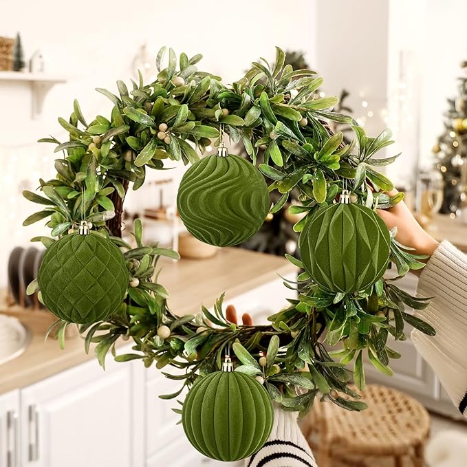 4 Pcs 4 Inch Large Velvet Christmas Ball Ornaments Vintage Christmas Plastic Ball Ornaments Flocked Tree Hanging Decoration for Xmas Party Wedding Home Decor(Olive Green)