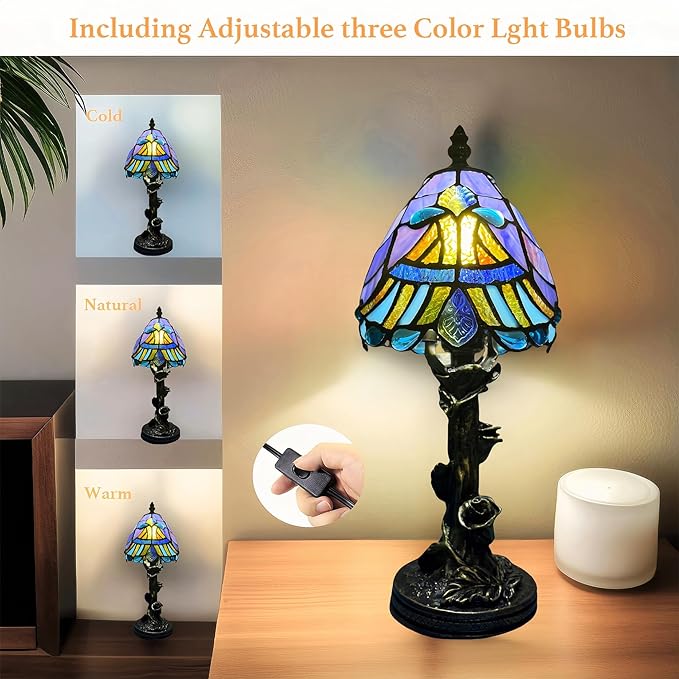 Small Tiffany Style Lamp,Blue Baroque Mini Stained Glass Tiffany Lamps for Living Room Home,Bedroom Bedside Vintage Lamp for Office Dorm Bar Decor Gift,Included LED Bulb