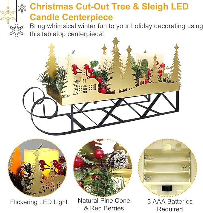 Christmas Sleigh Table Centerpieces Decorations, Xmas Gold Cut-Out Tree Sleigh LED Candle Candelabrum with Timer Holiday Candle Holder for Home Party Table Mantel Decoration