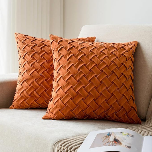 Velvet Decorative Throw Pillow Covers Set of 2, 18x18 Inch Soft Modern Weave Cushion Case, Farmhouse Home Decor Pillowcase for Sofa Living Room Couch Bed Orange