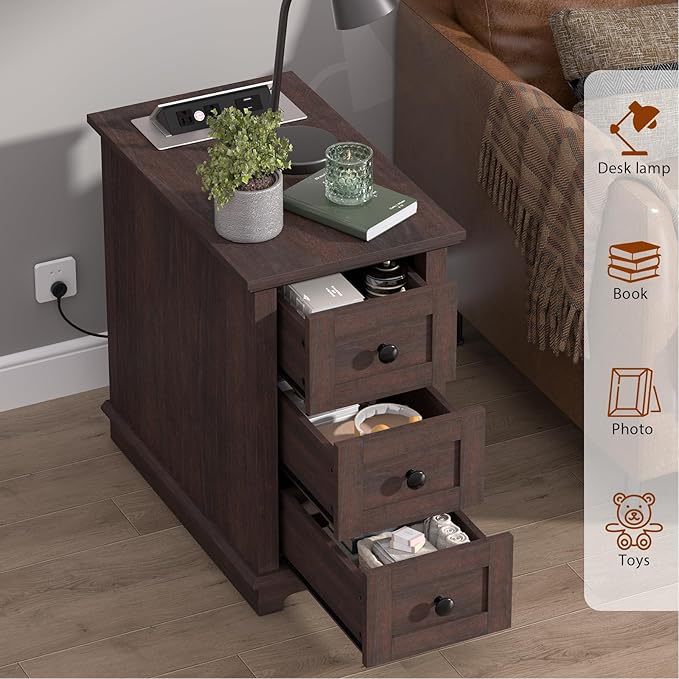 HIFYOBRO End Table Set of 2, 3 Drawers & Charging Station, Type-C & USB Port & Power outlets, Narrow Wooden End Table, Side Table with Storage for Living Room, Bedroom Nightstands