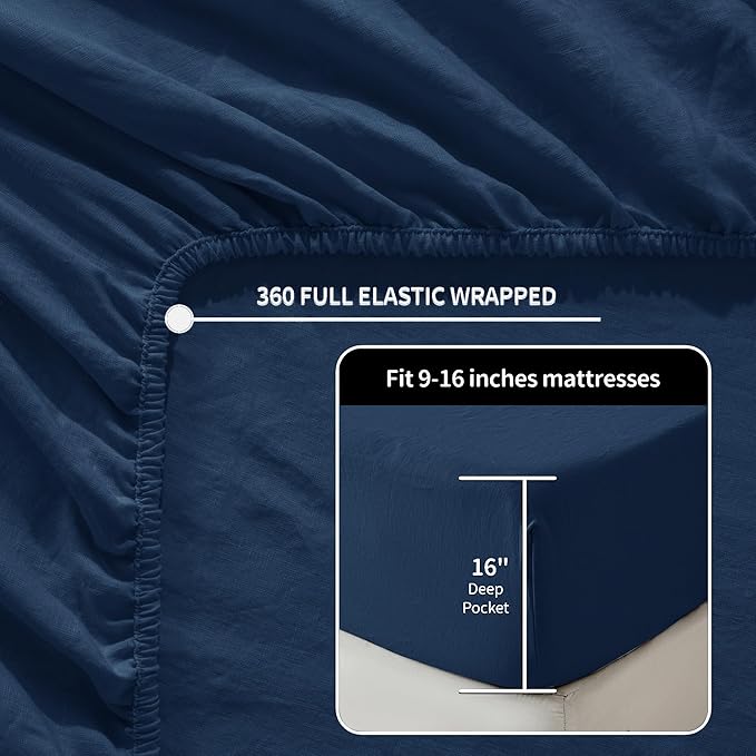 LBRO2M 100% Linen Sheet Set 16" Deep Pocket Queen Size,Bed Sheets 4 Piece Sets,Solid Color Natural Flax Bed Sheets Soft Breathable Bedding, All Season (Queen, Navy Blue)