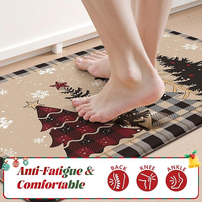 Merry Christmas Xmas Tree Kitchen Mats for Floor, Cushioned Anti Fatigue Kitchen Mat Sets of 2 Waterproof Sink Rugs, Buffalo Plaid Non Skid Comfort Standing Rug for Desk Home Decor, Tan/Black