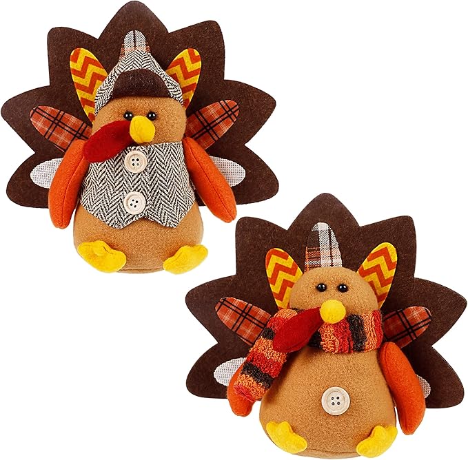 Lulu Home Thanksgiving Tabletop Decoration - Set of 2 Plush Standing Turkey Couple & Shelf Sitters Centerpiece - Fall Home Decor