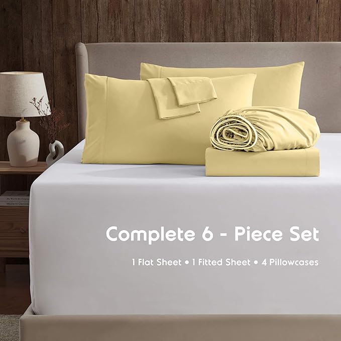 Nestl Extra Deep Queen Sheet Set - 6 Piece Breathable & Cooling Sheets - Hotel Luxury Bedding Set w/18-24 Inch Deep Pockets - Easy & Secure Fit - Super Soft, Wrinkle Free & Comfy - Custard Yellow