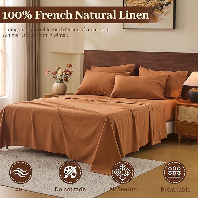 MEISHANG 100% French Pure Linen Sheets California King - Bed Sheets 4 Piece Sets, Soft Durable Flax Linen, Anti-Tear Breathable Oeko-Tex Certified with 16" Deep Pocket (Brown)