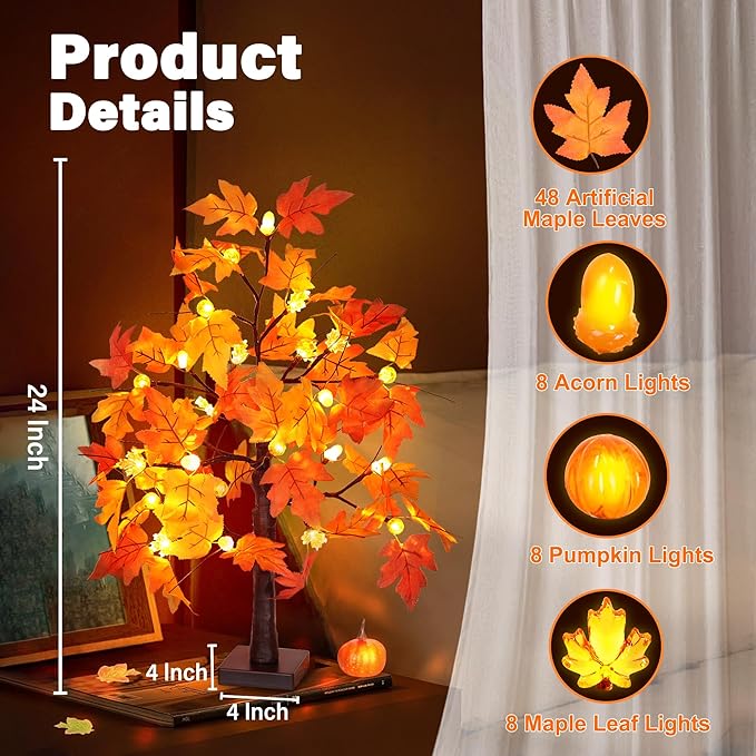 2 Pack 24 Inch Fall Maple Tree with 48LED Thanksgiving Table Decorations Battery Operated Lighted Tabletop Artificial Tree with Pumpkin Acorn Maple Fall Centerpieces Indoor Fall Decorations for Home