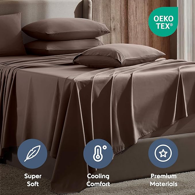 Nestl Extra Deep Full Sheet Set - 6 Piece Breathable & Cooling Sheets - Hotel Luxury Bedding Set w/18-24 Inch Deep Pockets - Easy & Secure Fit - Super Soft, Wrinkle Free & Comfy - Chocolate Brown