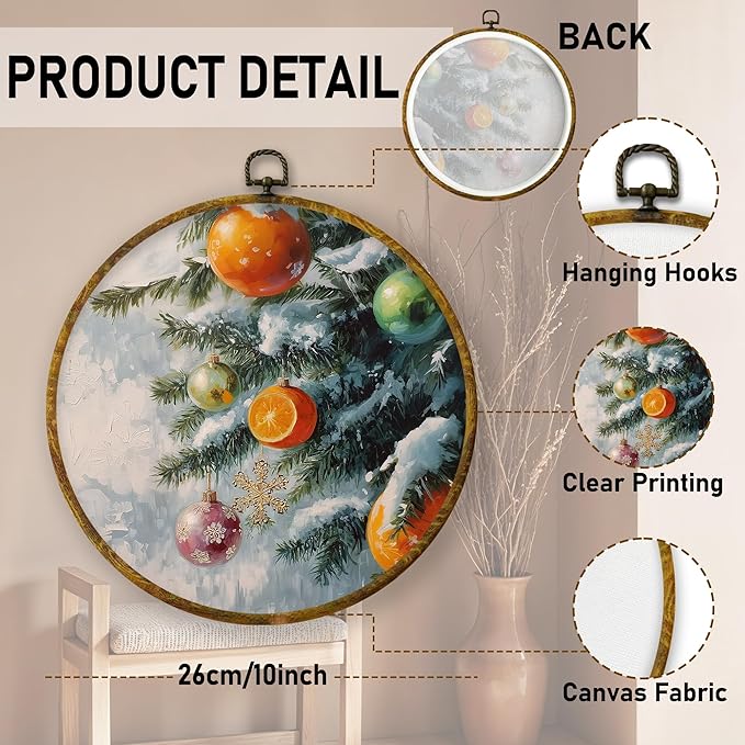QZQE Christmas Orange Ornaments Bauble Ball Round Wall Art Decor Framed, Christmas Circle Canvas Prints, Rustic Snowy Xmas Tree Circular Wall Hanging Decor for Home Bedroom Living Room, 10x10 Inch