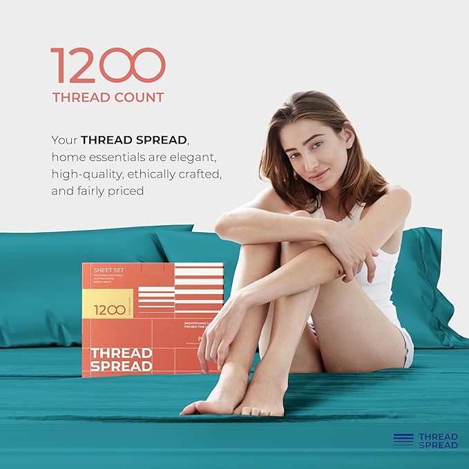 THREAD SPREAD 100% Egyptian Cotton King Size Sheets Set - Luxury 1200 Thread Count Egyptian Cotton Sheets King Size, 17" Deep Pocket, Soft, Cooling Sateen Weave Hotel Quality Bedding Set - Teal