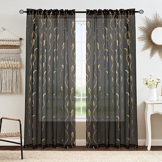 Gold Foil Print Sheer Curtains 63 inches Long, 2 Panels Wicker Bronzing Treatment Sheer Curtain, Rod Pocket Window Treatment Panels for Bedroom Living Room