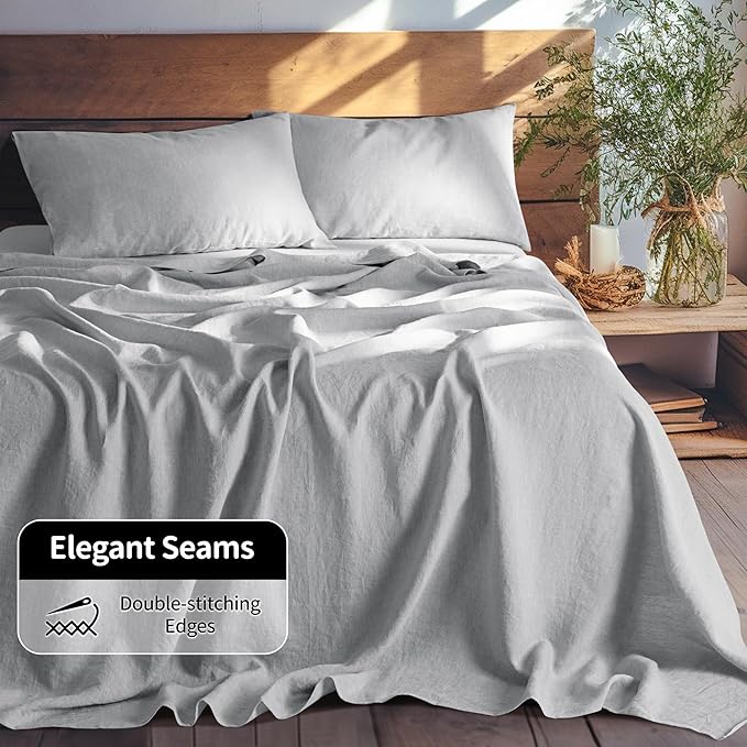 LBRO2M 100% Linen Sheet Set Twin XL Size,Bed Sheets 3 Piece Sets,Solid Color Natural Flax Bed Sheets Soft Breathable Bedding,16" Deep Pocket,All Season (Twin XL, Grey)