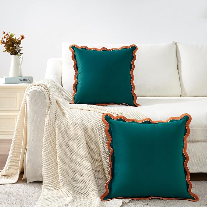 MONDAY MOOSE Decorative Throw Pillow Covers Cushion Cases, Set of 2 Soft Velvet Scalloped Wavy Edge Designs, Mix and Match for Home Decor, Pillow Inserts Not Included (Coral/Dark Teal, 18x18 inch)