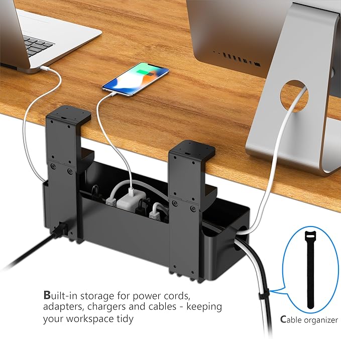 Under Desk Cable Management Tray with 6 AC Power Outlet and Clamp Mount, No Drill Cord Storage Organizers for Wire Management, Standing Desk , Computer Desk Accessories for Office & Home(Black)