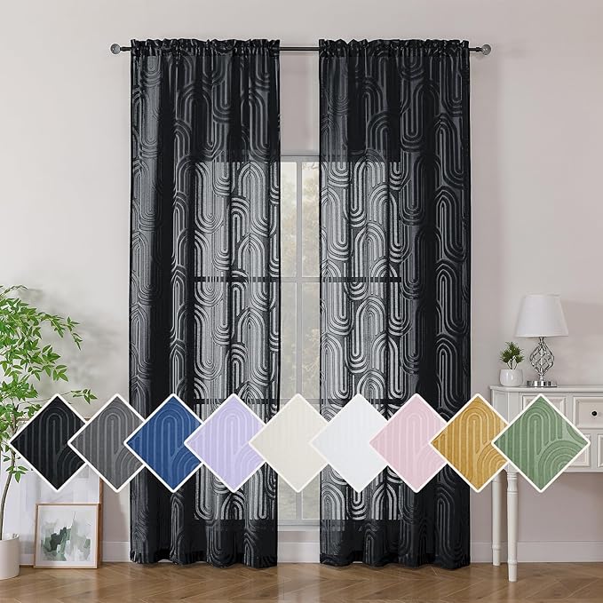 Simplebrand Black Sheer Curtains 96 Inches Long 2 Panels for Living Room, Jacquard Clip Textured Geometric Mid Century Sheer Curtains, Light Filtering Elegant Long Curtains Sheer, 42" Wx96 L