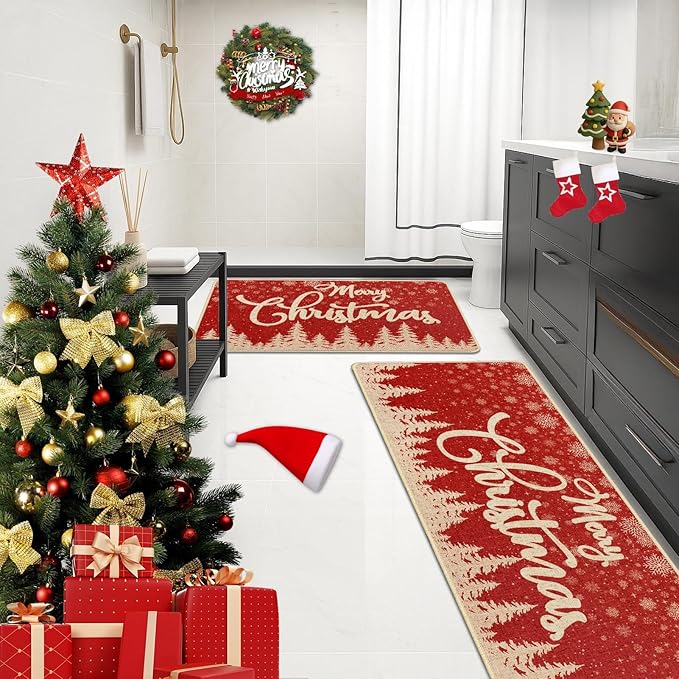 Christmas Snowflake Tree Kitchen Rugs and Mats Non Skid Washable Set of 2, Xmas Kitchen Mats for Floor Decor