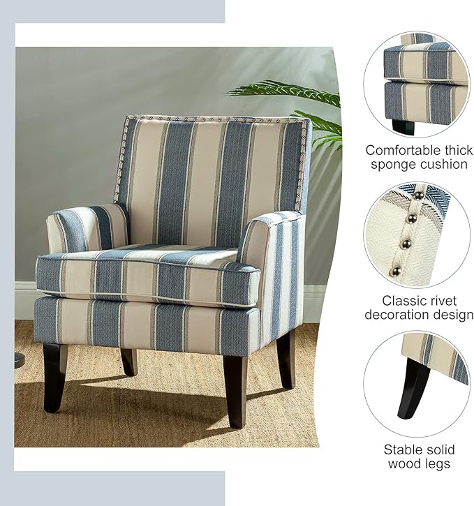 HULALA HOME Modern Accent Chairs Set of 2, Farmhouse High Back Striped Chairs with Wooden Legs & Nail Head Trim, Comfy Upholstered Armchairs for Living Room/Bedroom (Stripe Blue)