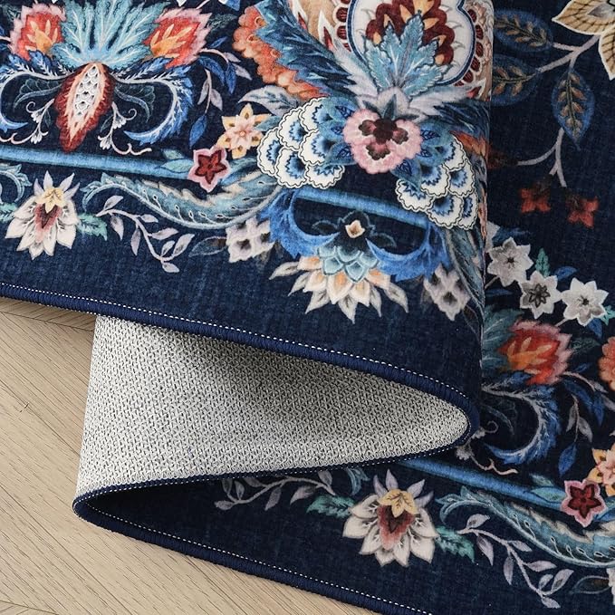 Rugcomf Vintage Paisley Kitchen Runner Rug 2'x6' - Machine Washable, Non-Slip Low Pile Floral Carpet for Laundry, Bedroom, Bathroom - Blue