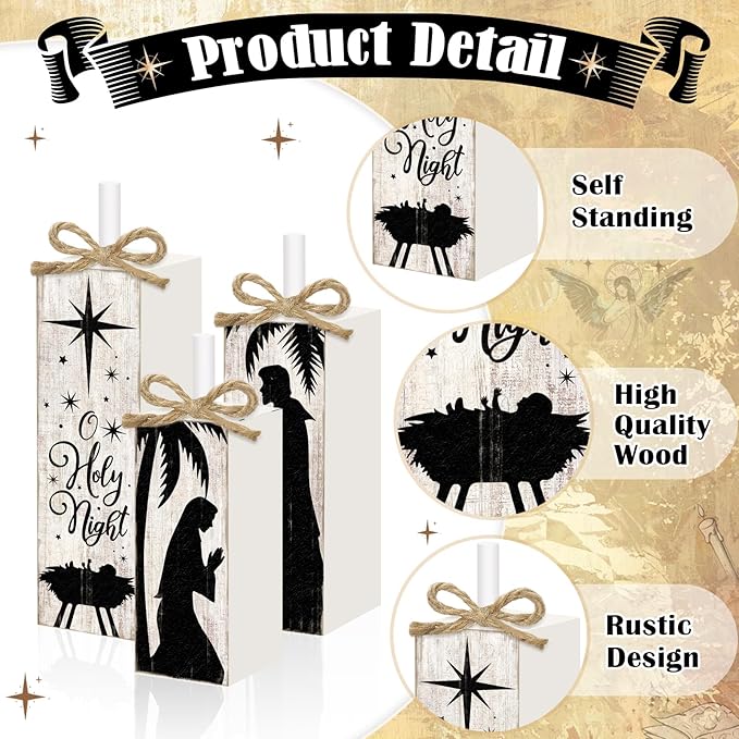 Britimes Christmas Decorations for Home, 3pcs Wooden Table Decor, Nativity Scene Holy Night Farmhouse Tabletop Block Sign for Christmas Indoor Kitchen
