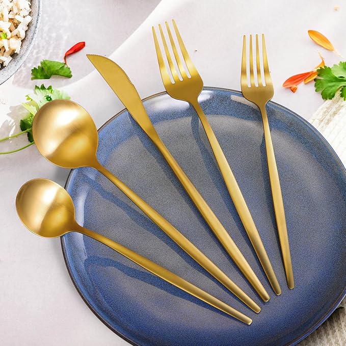 Gold Silverware Set for 4, MIKIWAY 20 Pieces Stainless Steel Flatware Set, Matte Golden Cutlery Tableware Set, Kitchen Utensils Set Include Spoons And Forks Set, Satin Polished, Dishwasher Safe