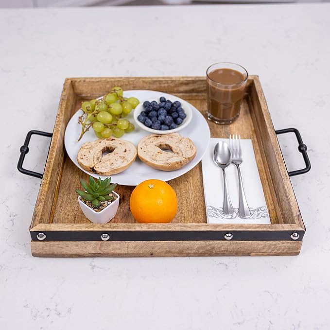 16"x16" Large Square Ottoman Tray, Heavy Duty Mango Wood, for Serving Tea, Breakfast in Bed, Living Room Large Coffee Table Tray Rustic with Farmhouse Style, Decorative Handles and Accent Strap