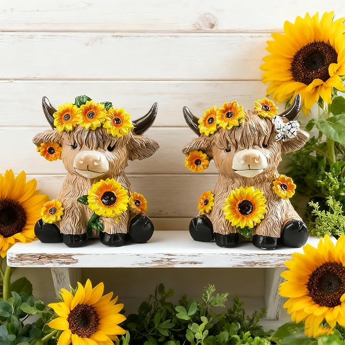 2 Pcs Highland Cow Figurines Spring Sunflower Highland Cow Gifts Summer Decorations for Kitchen Home Office Tiered Tray Table Decor
