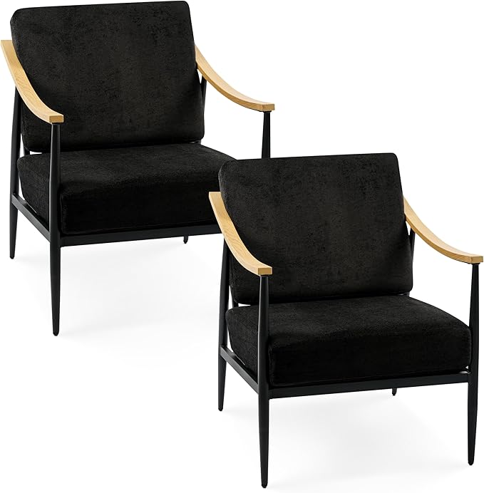 Modern Accent Chairs Set of 2 for Living Room Bedroom Mid Century Arm Chairs Upholstered Office Accent Chairs Comfy Waiting Room Chairs with Metal Frame, Black