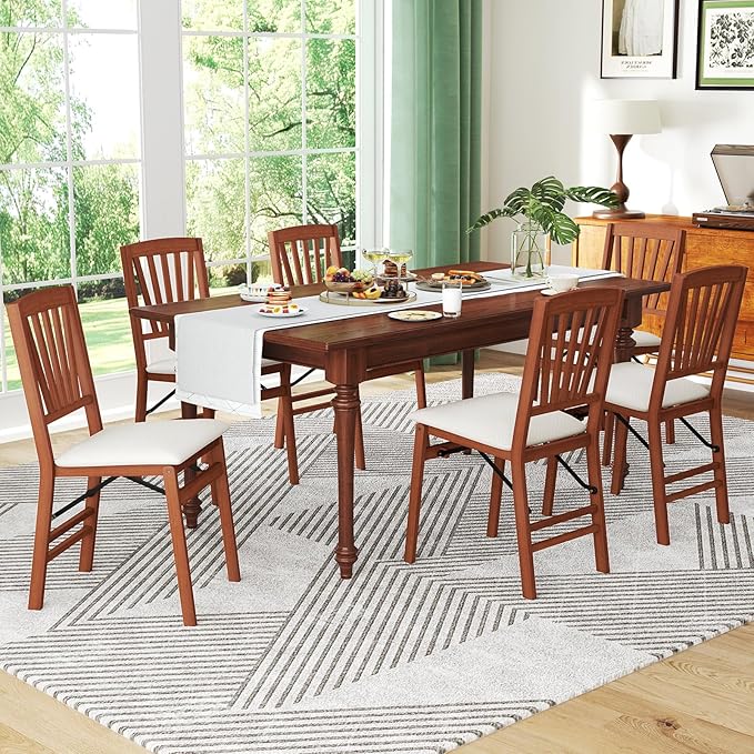 COSTWAY Folding Dining Chairs Set of 4, Upholstered Wooden Dining Room Chairs with Fabric Padded Seat, Solid Wood Frame and 400LBS Capacity for Kitchen Apartment (Beige & Brown)