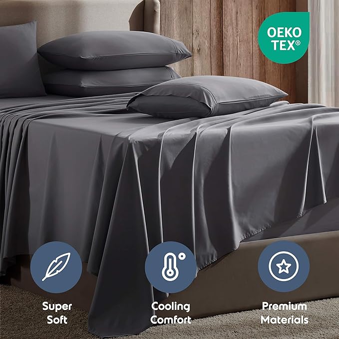 Nestl Extra Deep Full Sheet Set - 6 Piece Breathable & Cooling Sheets - Hotel Luxury Bedding Set w/18-24 Inch Deep Pockets - Easy & Secure Fit - Super Soft, Wrinkle Free & Comfy - Dark Gray