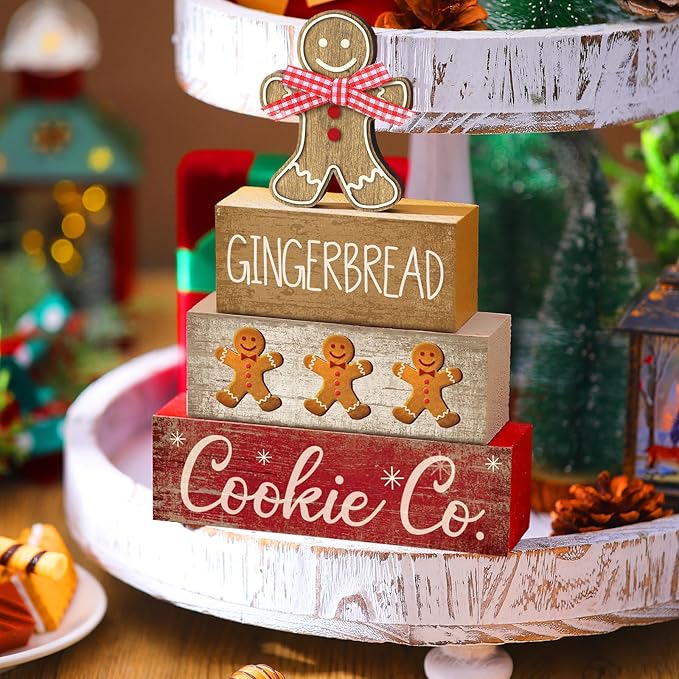4 Pcs Christmas Table Decor Gingerbread Man Decoration Christmas Centerpiece Winter Tiered Tray Decor Rustic Gingerbread Block Signs Gift Winter Table Decoration for Xmas Party Kitchen Home