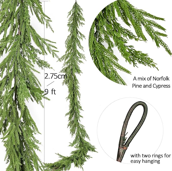 9ft Handmade Christmas Garland,Artificial Norfolk Pine Needles Greenery Seasonal Garland for Christmas Firepalce Winter Holiday Indoor Outdoor Decoration
