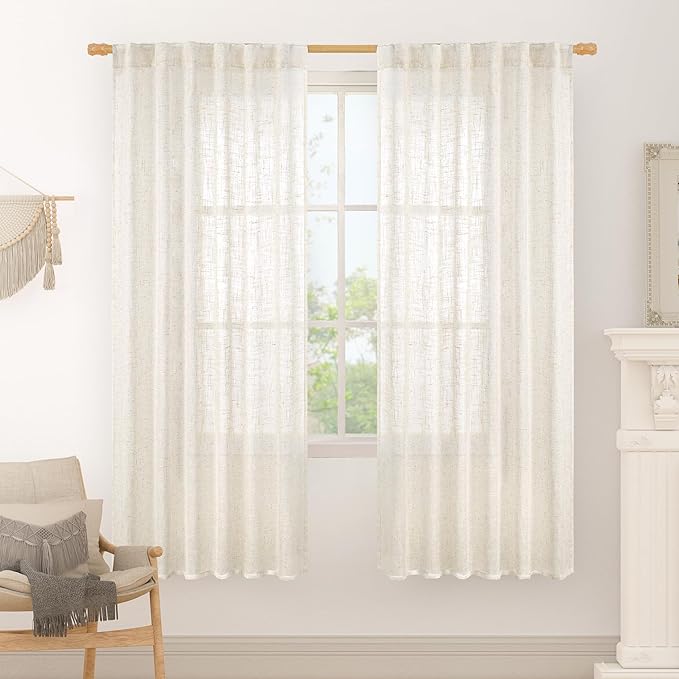 LAMIT 68 inch Length Linen Curtains for Living Room 2 Panels, Linen Textured Light Filtering Semi Sheer Back Tab and Rod Pocket Window Curtain Panels for Bedroom/Farmhouse, Cream, 52 x 68 Inch