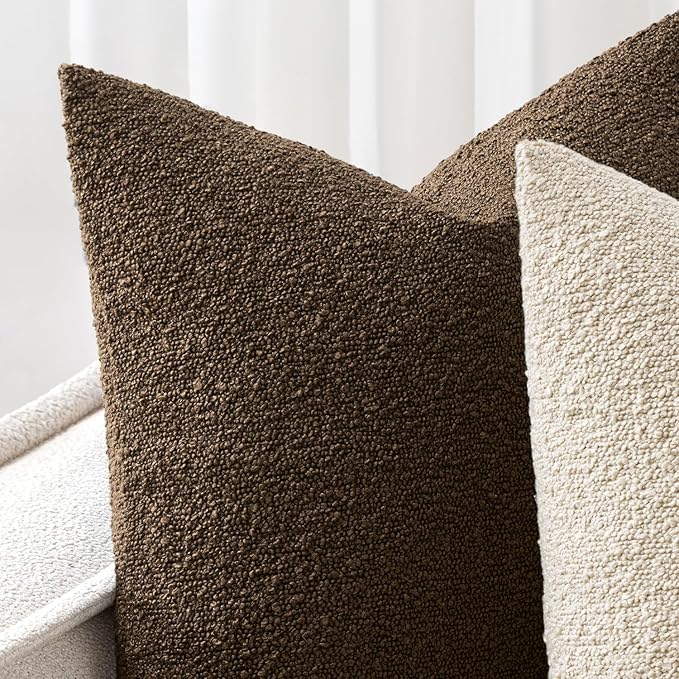 Woaboy Pack of 2 20x20 Inch Decorative Boucle Throw Pillow Covers Textured Square Pillowcaes Accent Solid Cozy Soft Cushion Covers Home Decor for Sofa Couch Living Room Home Decor,Chocolate