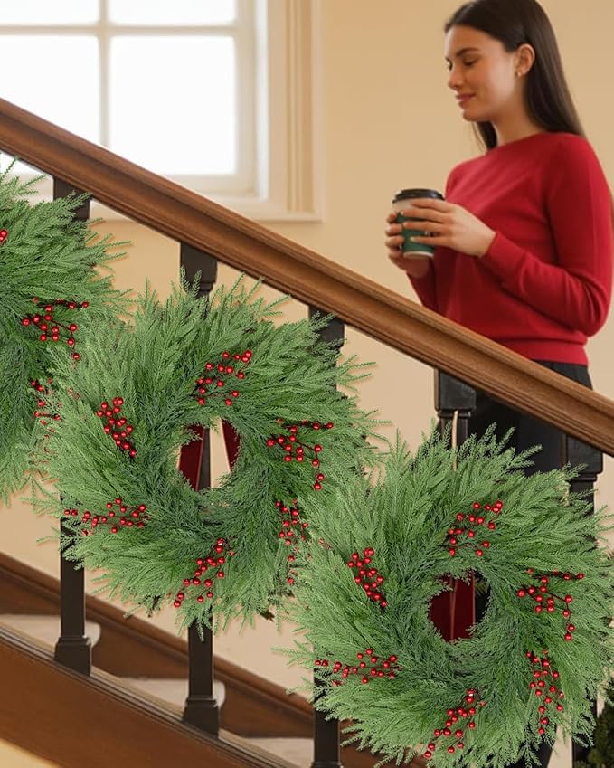 Artificial Christmas Wreaths for Front Door,26" Large Winter Wreaths for Indoor and Outdoor Christmas Decorations,Norfolk Pine Door Wreath with Red Berries for Wall Window Porch Farmhouse Stair