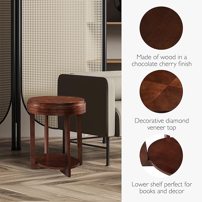 Teo Oval Solid Wood End Table with Shelf, Chocolate Cherry Brown, Perfect for Living Rooms, Bedrooms, and Small Spaces – Leick Home, 10107-CH