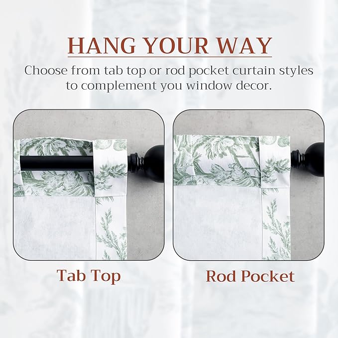 Maison d' Hermine Curtains for living room 100% Cotton 124 inch length Two Panels Light Filtering Toile Curtains with rod and loop Pockets (The Miller Antique Green (White Background), 50"W x 124"L)