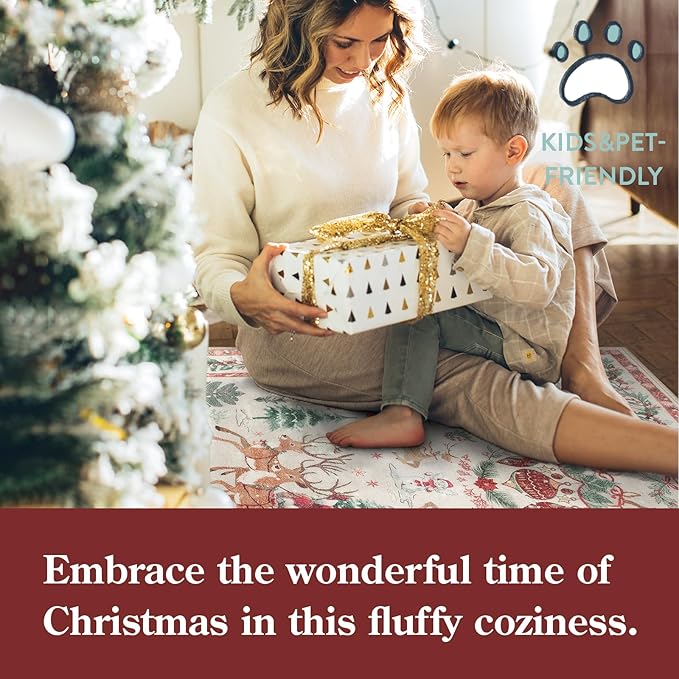 Lahome Indoor Christmas Rug 2x3 Small Kitchen Bathroom Rugs for Entryway,Washable Soft Non-Slip Christmas Tree Santa Claus Area Rug,Door Mat for Winter Living Room Bedroom Holiday Decor(2x3,Beige)