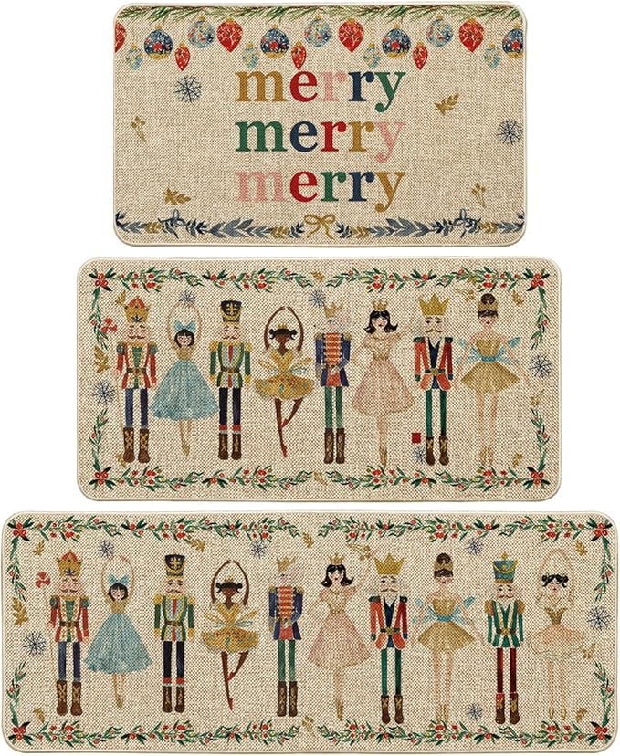 Artoid Mode Watercolor Nutcrackers Merry Christmas Decorative Kitchen Mats Set of 2, Home Party Low-Profile Kitchen Rugs - 17"x29"+17"x36"+17"x47"