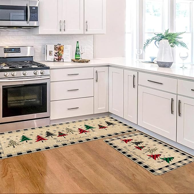 VAKADO Christmas Buffalo Plaid Door Mat (2-Pieces) Stain and Fade Resistant Non-Slip Rubber Backing Entrance Rug Easy to Clean for Kitchen Door Front Doormat (17x29 Inch,17x47 Inch)